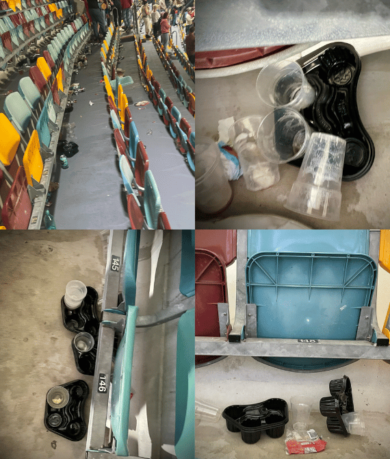 trash left at stadiums from old traditional-style drink carriers